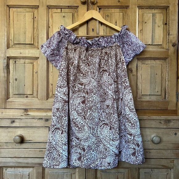 Free People Medium Tunic Brown Purple White Mini Dress Off The Shoulder Babydoll - Picture 6 of 7